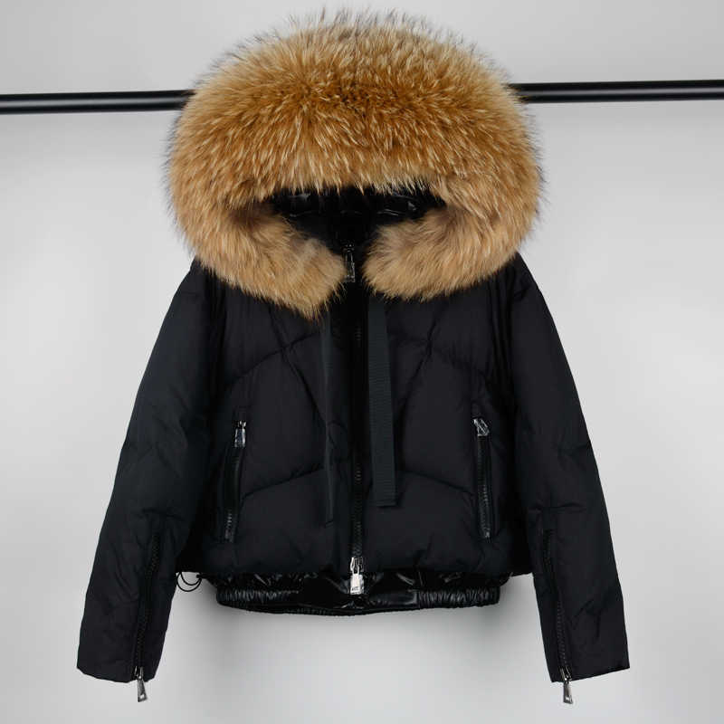 Janveny Real Raccoon Fur Hooded Women's Down Jacket Winter 90% Duck Down Coat Short Female Puffer Feather Parkas Outwear 210819