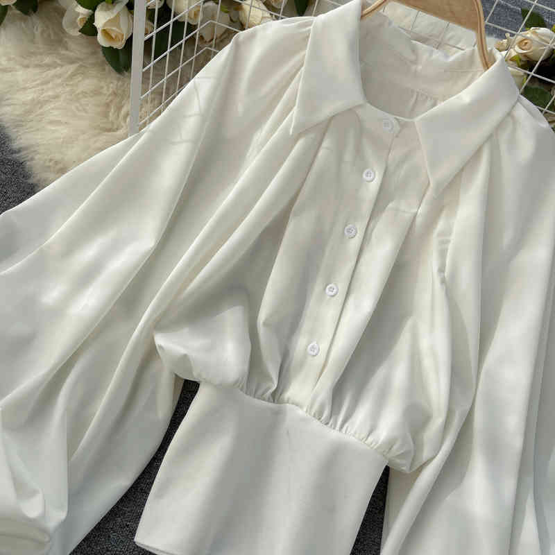 Nomikuma Women Blouses Korean Lantern Sleeve Turn-down Collar Shirt Causal Slim Waist Elegant Blusas Mujer De Moda 6G156 210427