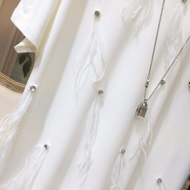 TWOTWINSTYLE Patchwork Diamond Feather Dress For Women O Neck Short Sleeve Casual Loose Dresses Female Fashion Summer Clothes 210517