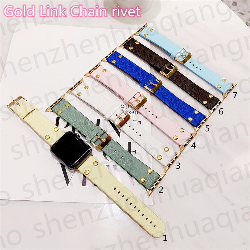 Luxury Designer PU Leather Gold Link Chain Rivet Watch Strap 42mm 38mm 40mm 44mm For iwatch 2 3 4 5 Bands Bracelet Fashion Stripes watchband Soft
Luxury Designer PU Leather Gold Link Chain Rivet Watch Strap 42mm 38mm 40mm 44mm For iwatch 2 3 4 5 Bands Bracelet Fashion Stripes watchband Soft