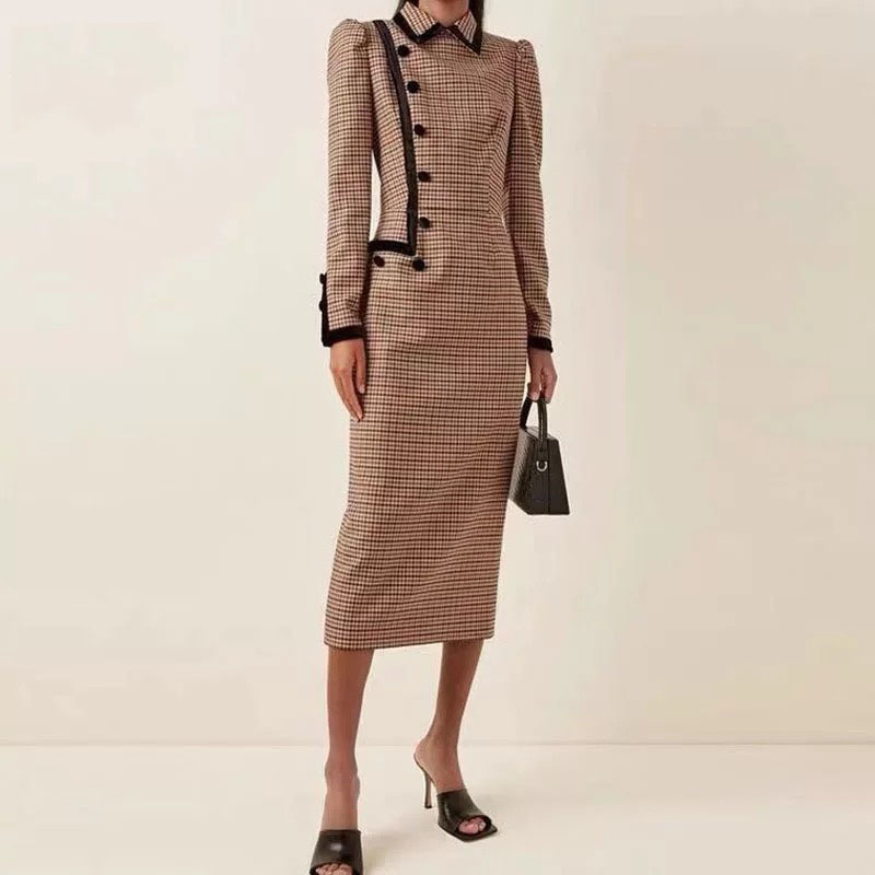 runway elegant plaid turn down colla autumn winter tops long sleeve pencil midi dress office lady buttons high quality 210421