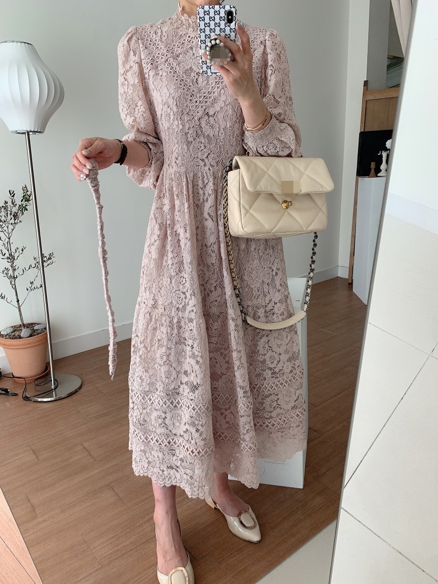 Women Vintage Spring Sweet Hollow Out Lace Long Dress Elegant Ladies Puff Sleeve Female Sexy Slim Sashes Party Dresses Vestidos 210519