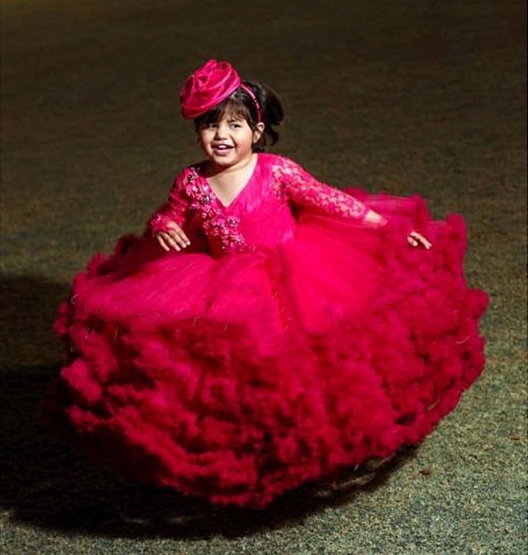 Tutu Puffy Tiered Ball Gown Little Girls Pageant Dresses Lace Long Sleeve V-Neck Floor Length Wedding Party 1St Brithday Toddler Baby Princess Special