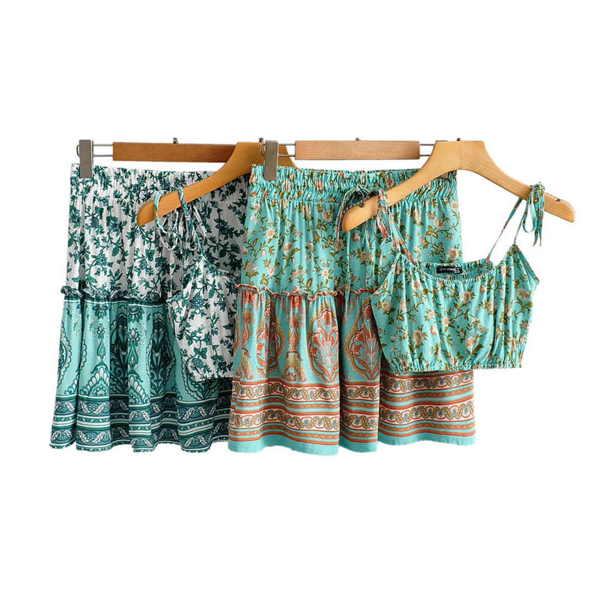 Jastie Bohemian 2 Piece Floral Print Set Summer Straps Pleated Mini Boho Dresses Gypsy Beach Women Dress 210419