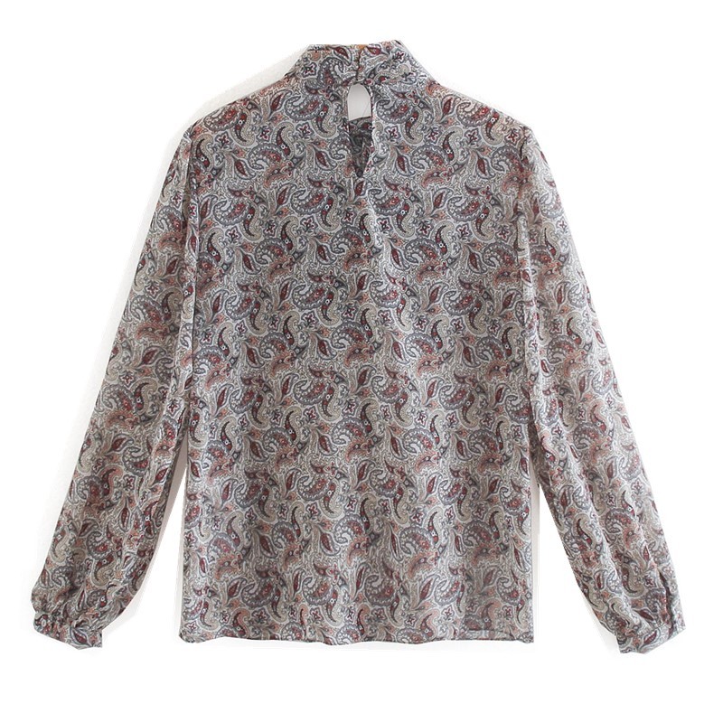 Elegant Tie bow collar Paisley Floral Print Chiffon Shirt Retro Woman Loose Long sleeve Blouse Sweet Tops Blousas 210429