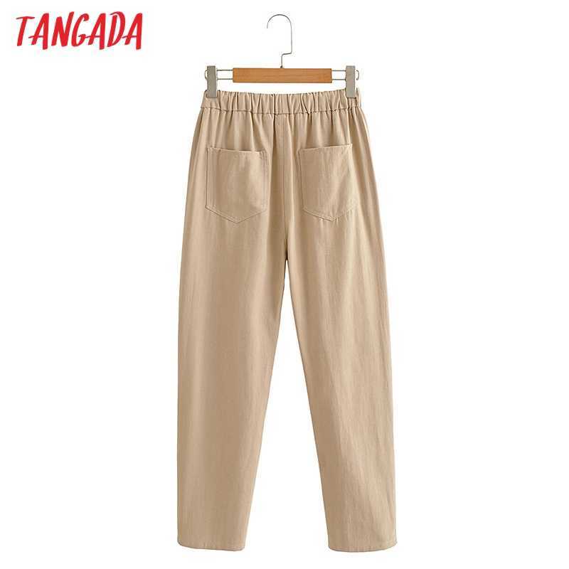 Tangada Fashion Women Cotton Linen Crop Pants Trousers Strethy Waist Pockets Female AI30 211115