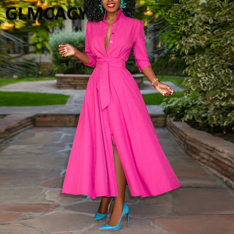 Half Sleeve Elegant Belted Button Down Slit Maxi Dress 210702