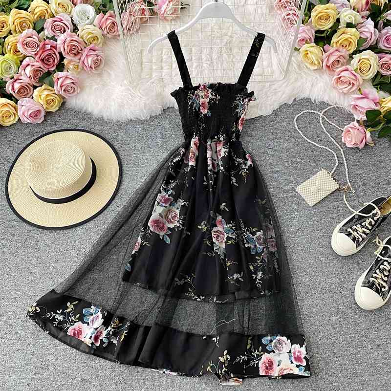 OCEANLOVE Summer Dress Floral Beach Style Mesh Chiffon Vestidos Moda Coreana Elegant Robes Sexy Vinatge Dresses Women 17160 210331Z
