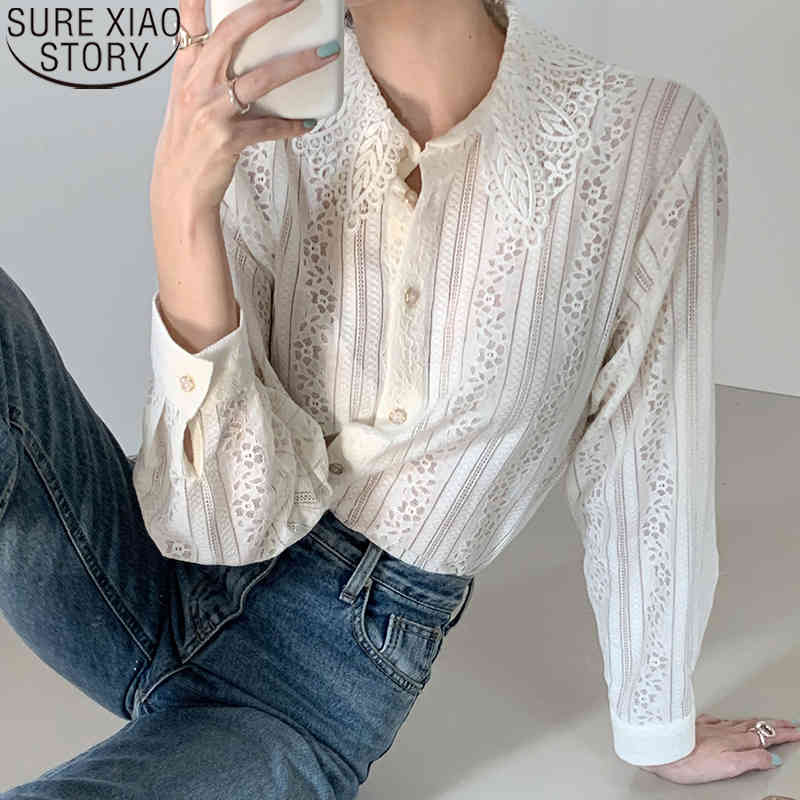 Korean Chic Vintage Lace Blouse Women Elegant Shirts Turn Down Collar Hollow Out Tops Long Sleeve Button Up Casual Clothes 12722 210506