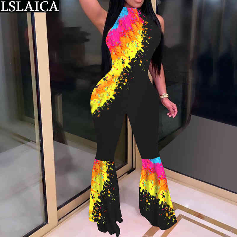 Bodysuit Women Summer Color Matching Halter Sleeveless Fashion High Waist Bell Bottom Pants Jumpsuit Skinny Plus Size 210515