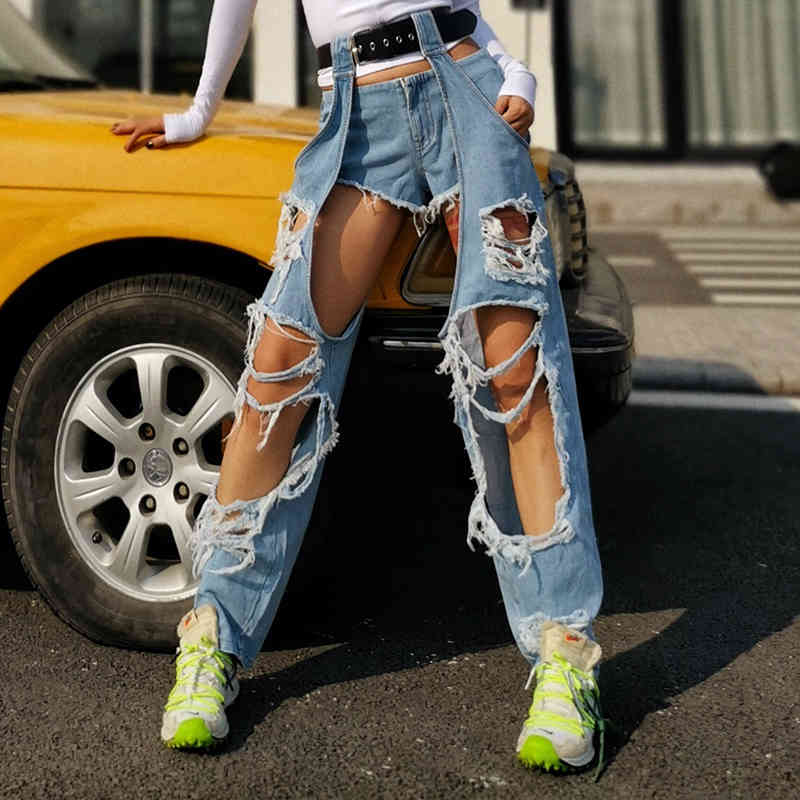 Ripped Hole Irregular Women's Straigth Pants High Waist Asymmetrical Tassel Full Length Pant For Female Fashion 210521