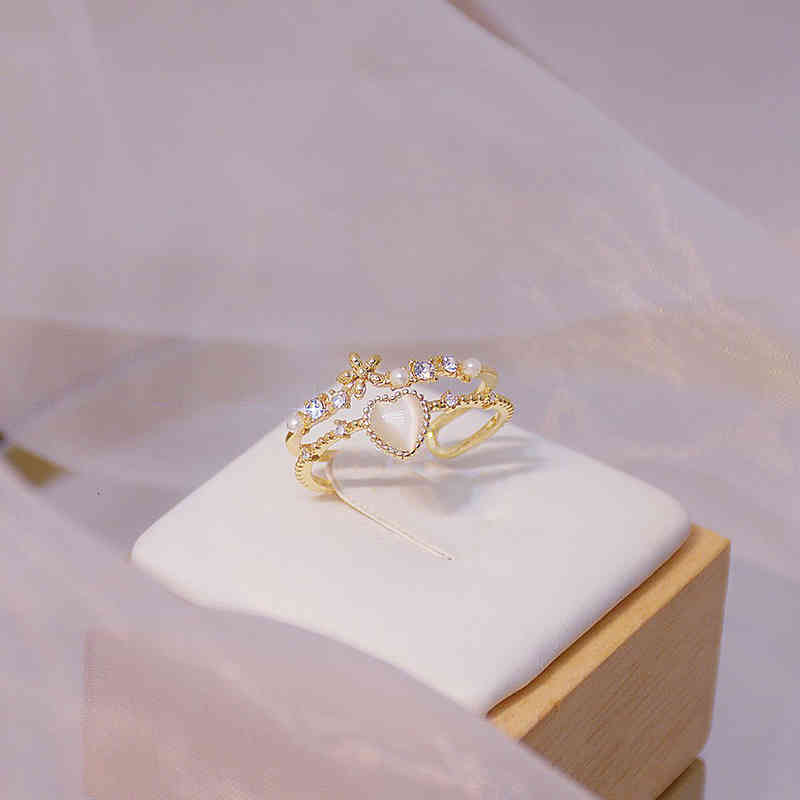 Delicate Cat Eye Zircon Heart Shape Double for Women Flower Pearl Solitaire Ring Bague Daily Date Party Jewelry Accessories
