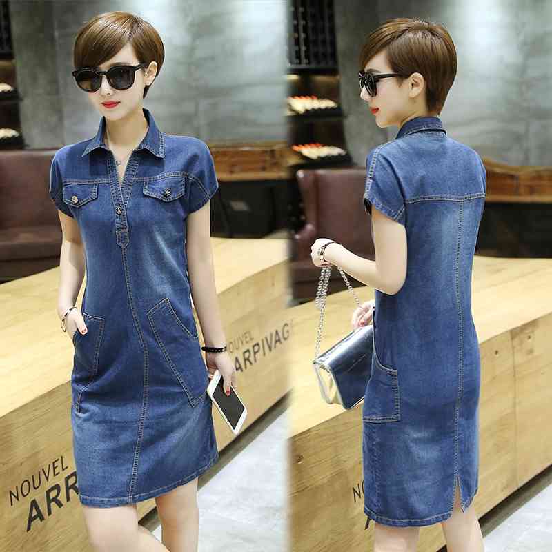 Autumn arrival Summer Women Denim Dress Short Sleeves Pockets Loose Casual Dresses Plus Size Solid 843J 210420
