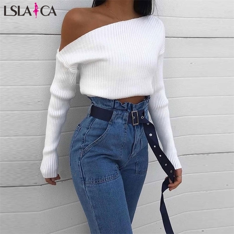 Lslaica Women's knitted blouses white skew collar long sleeve casual fashion bottoming elegant slim office blouse 210515