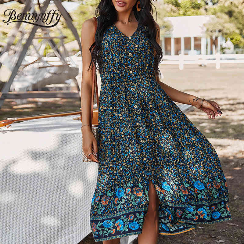 V-neck Button Woman Bohemian Dresses Summer Vacation Casual Pocket Sleeveless Print Swing Long Dress Women Clothing 210510