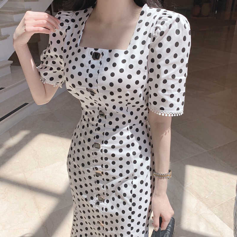 Korejpaa Women Dress Summer Korean Chic Ladies Elegant Temperament Square Collar Fringed Polka Dot Split Fishtail Vestidos 210526