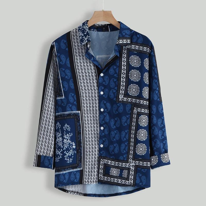 Men Fashion Button Up Retro Shirts Mens Vintage Ethnic Style Printing Loose Long Sleeve Turn Down-Collar Top Shirt Men's Casual, Blue 
Men Fashion Button Up Retro Shirts Mens Vintage Ethnic Style Printing Loose Long Sleeve Turn Down-Collar Top Shirt Men's Casual, Blue