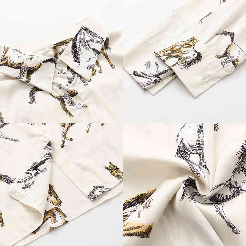 New Women Vintage Animal Horse Print Satin Blouse Full Sleeve Button Up Turn Down Collar Shirt Casual Office Lady Autumn Tops T1 210430