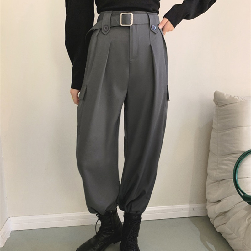 OL Minimalist High Waist Overalls Pants Women Spring Fall Casual Sportswear Waistband Cargo Suit Trousers 210421