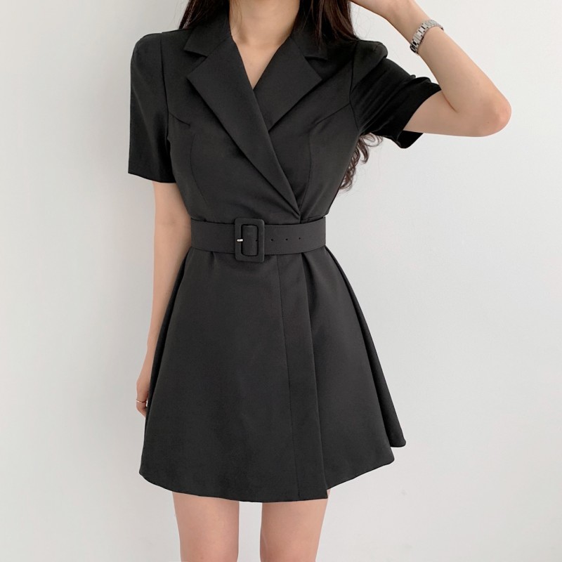 Elegant Notched Collar Blazer Mini Dress With Sashes Summer Ladies Short Sleeve A-Line Party Dresses Female 210519