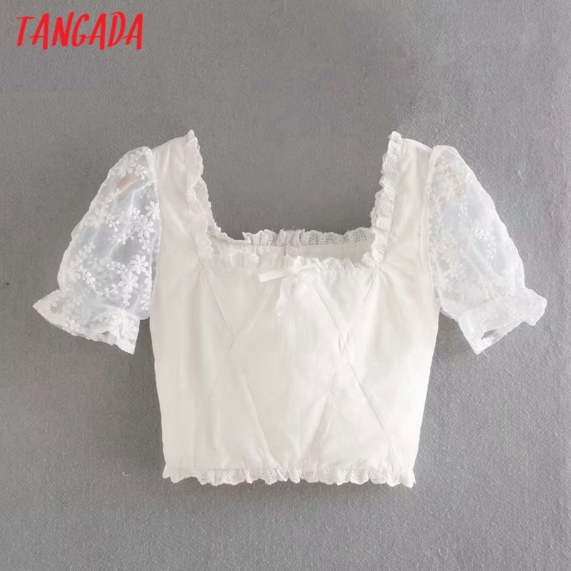 Women Retro Mesh Patchwork Crop Short Sleeve Summer Chic Female Sexy Slim Shirt Tops 3D45 210416
