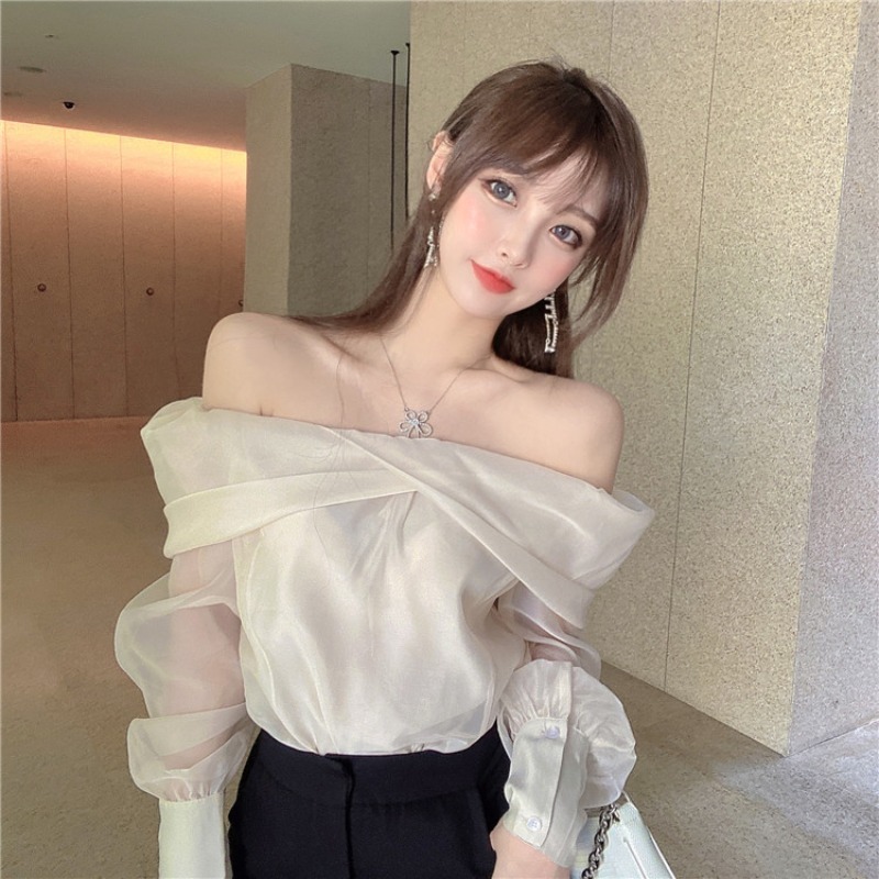 Slash Neck Long Sleeve Shirt Women Elegant Off Shoulder Korean Chic Blouse See Through All-match Tops Blusas Mujer 210519