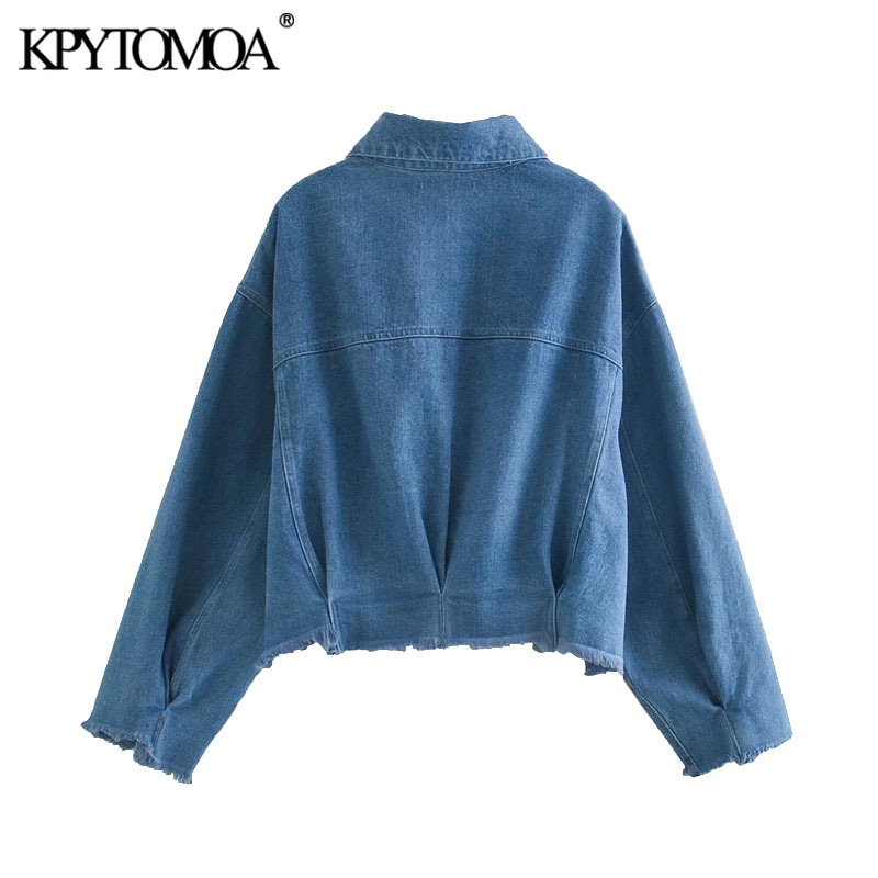 Women Fashion Oversized Cropped Denim Jacket Coat Long Sleeve Frayed Tassel Female Outerwear Chic Tops 210420