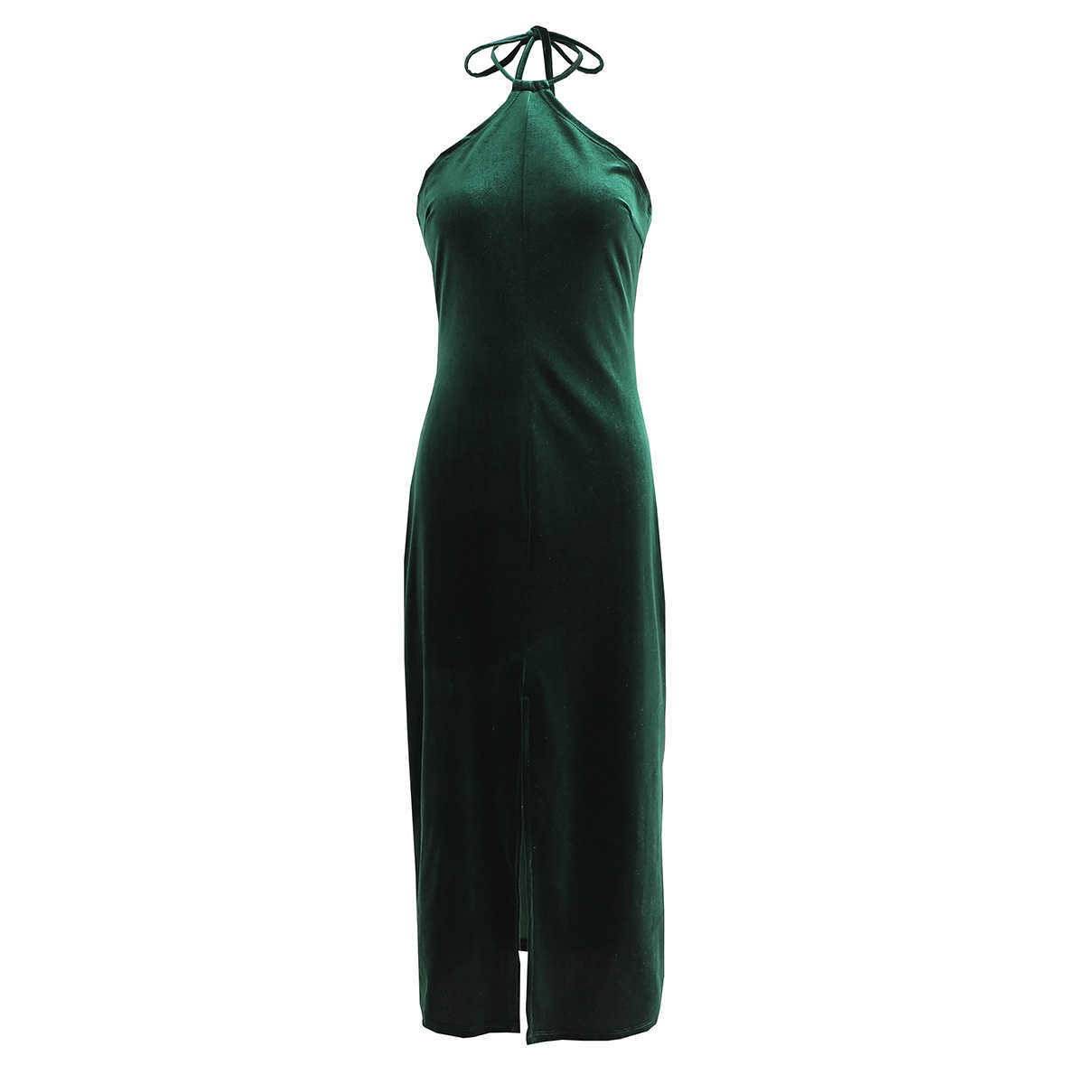 Elegant Women Green Velvet Halter Dress Fashion Ladies Slim Slit Side Dresses Sexy Female Chic Backless Vestidos 210527