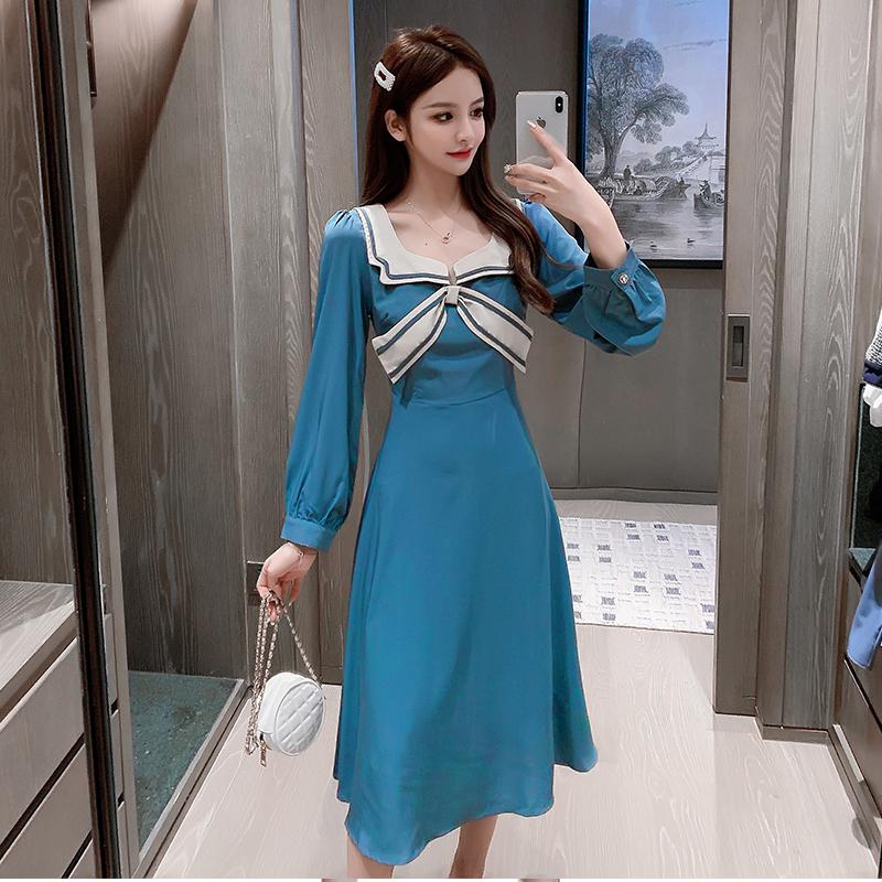Spring Korean 2021 Blue Elegant Dress Women Vintage Bow Maxi Full Sleeve Casual Work Dresses