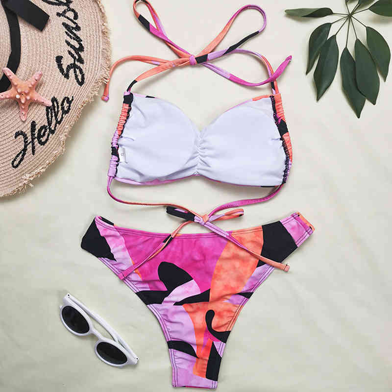 Sexy Print Bandeau Bikini High Waisted Swimwear Women Push Up Bathing Suit Cut Beach Wear Brazilian Biquini 210520