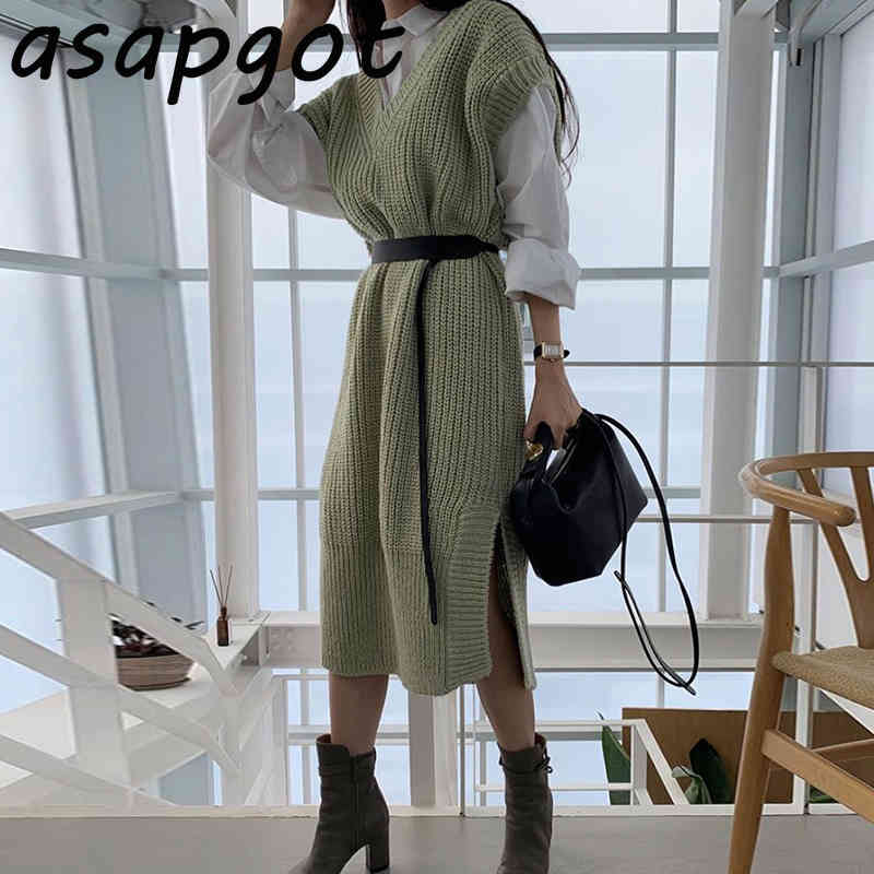 Chic Wild Turn Down Collar Blouse Loose White Shirts Long V Neck Sleeveless Sweater Vest Split Knitted Dress with Belt Casual 210429