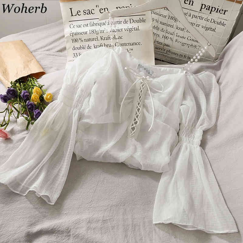 Bandage Pleated Blouse Women Sexy Off Shoulder Tops Solid Sweet Cute Shirt Summer Elegant Ladies Mesh Blusas 210519