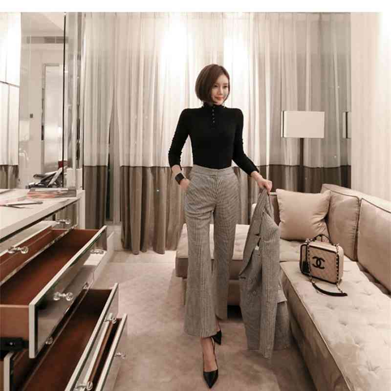 Runway Fashion Houndstooth 2 Piece set women business work wearing pant suits Office Lady 210520