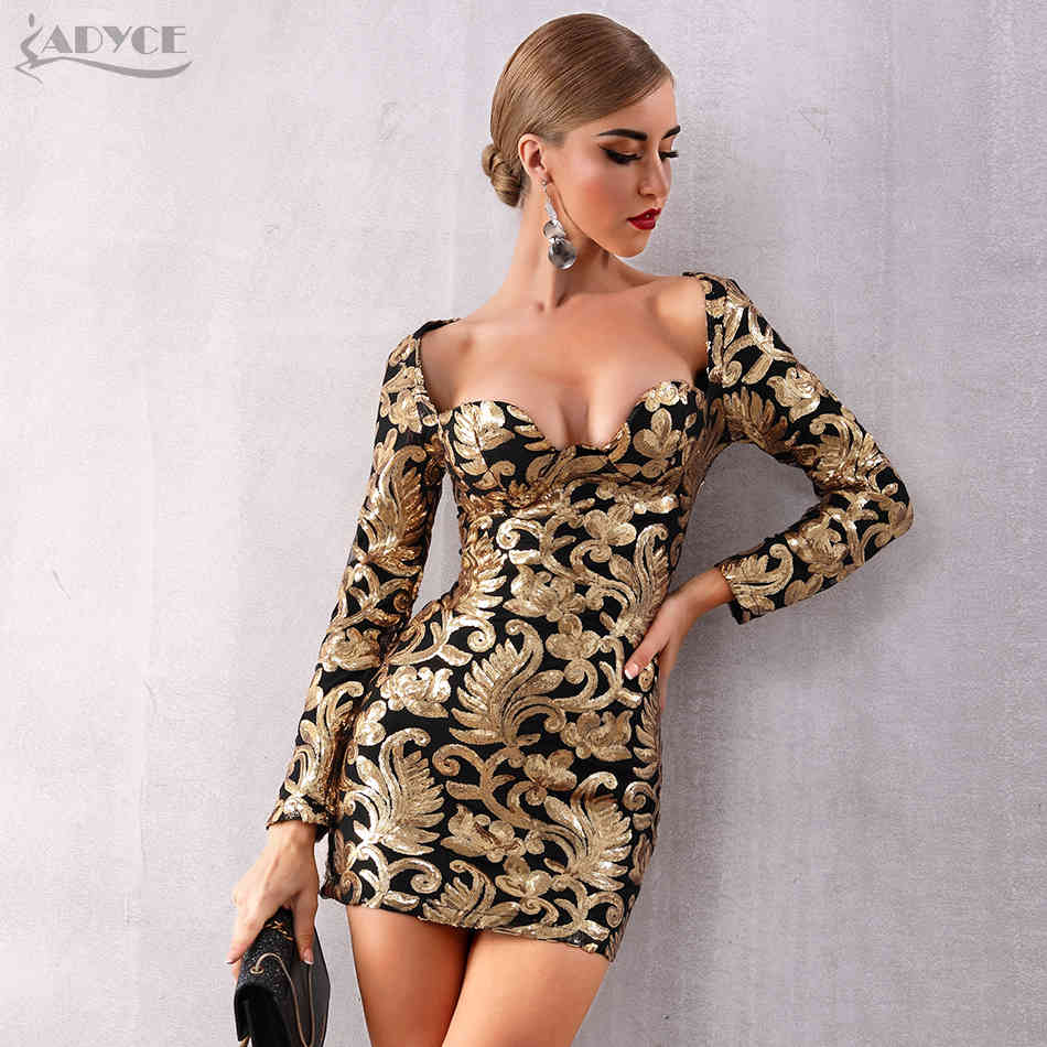 Autumn Women Gold Celebrity Evening Party Dress Elegant Sexy Long Sleeve Sequined Deep V Mini Club Vestidos 210423