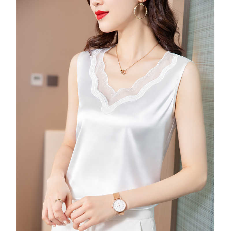 Korean Women Blouses Shirts OL Satin Tops Woman Lace Hollow Out Shirt Top Plus Size V-neck Embroidery 210604