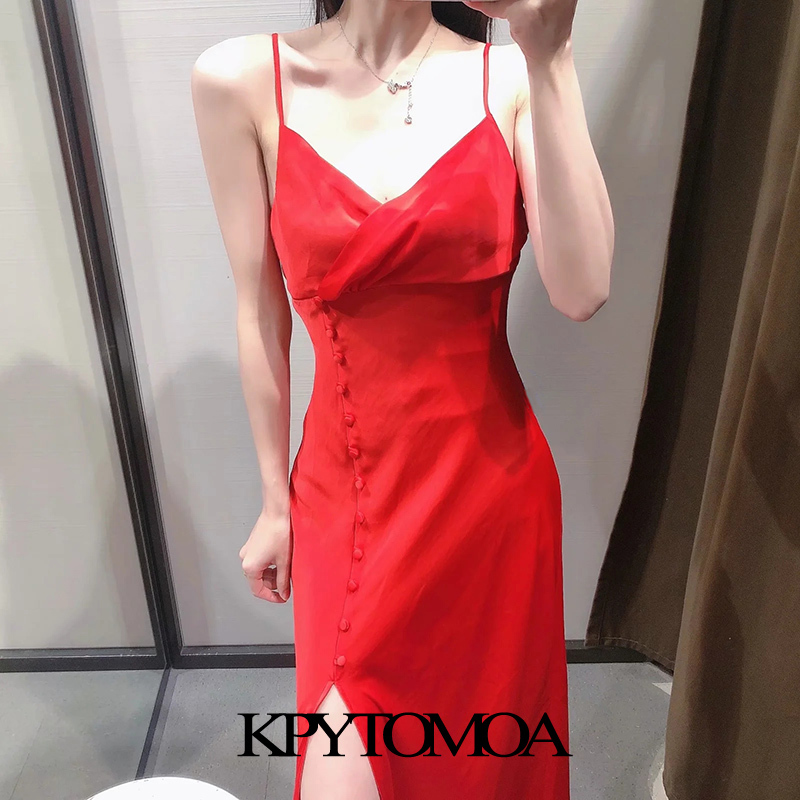 Women Chic Fashion With Buttons Front Slit Midi Camisole Dress Backless Thin Straps Female Dresses Mujer 210420