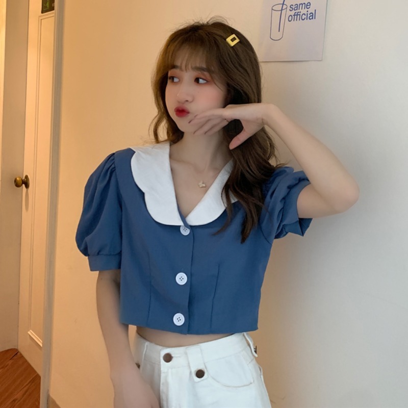 Neploe Women Blouses Peter Pan Collar Sweet Puff Sleeve Crop Tops Summer Blusas Mujer Korean Fashion Sexy Blouse Shirt 210422