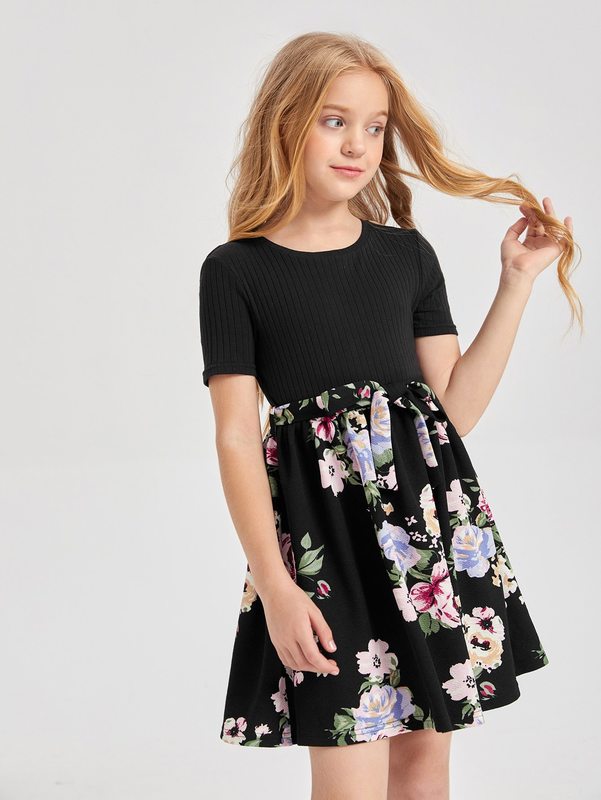 Girls Floral Print Belted 2 In 1 Dress SHE