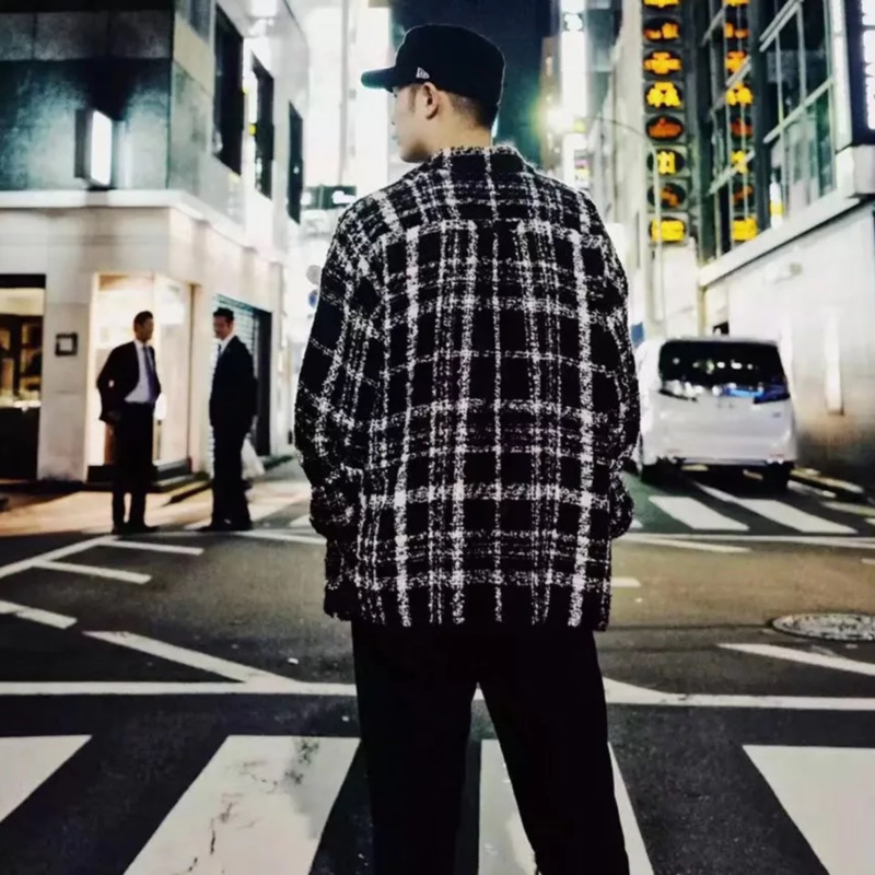 IEFB /Vintage men's cltohing tide new black white striped printting Woolen Shirt for Male famale Oversize loose tops 9Y2822 210410