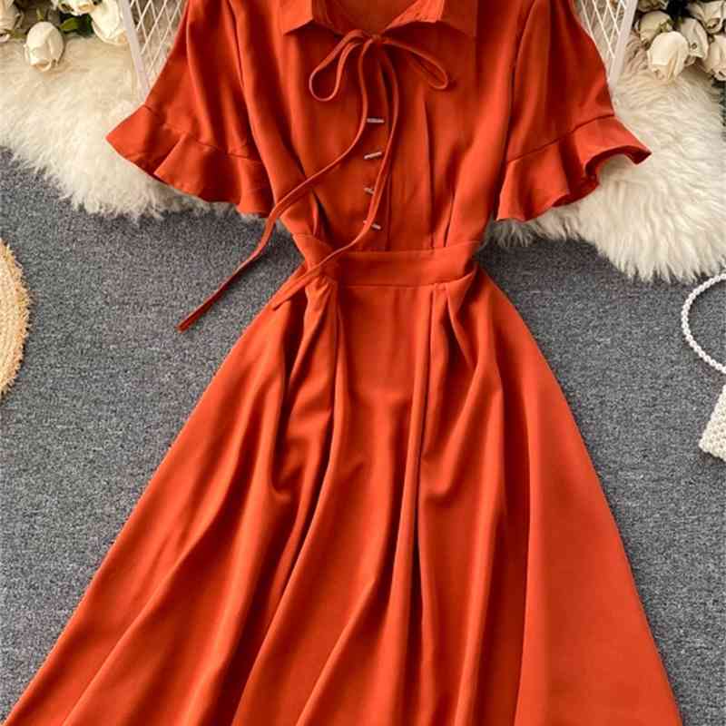 Elegant Office Lady Sweet Ruffle Dress Women Korean Chic Casual Short Sleeve Lace-up Vintage Summer Dresses Robe 210422