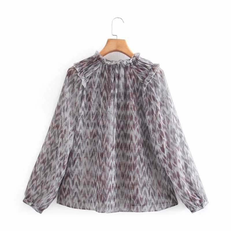 Spring Women Digital Printing Chiffon Smock Long Sleeve Shirt Female Ruffled Collar Blouse Casual Lady Loose Tops Blusas S8636 210430