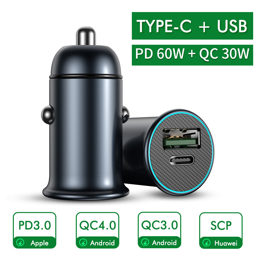 Car Charger With luminous PD3.0 30W Mini Full Metal Dual QC 3.0 QC4.0 USB Type C Quick Charging For mobile phone