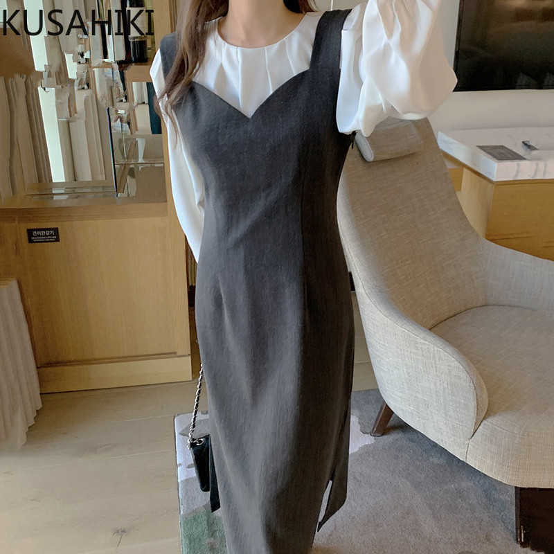 Spring Korean Elegant 2pieces Sets Split Tank Dress + Puff Sleeve O-neck Pullover Blouse Outfits 6E651 210603