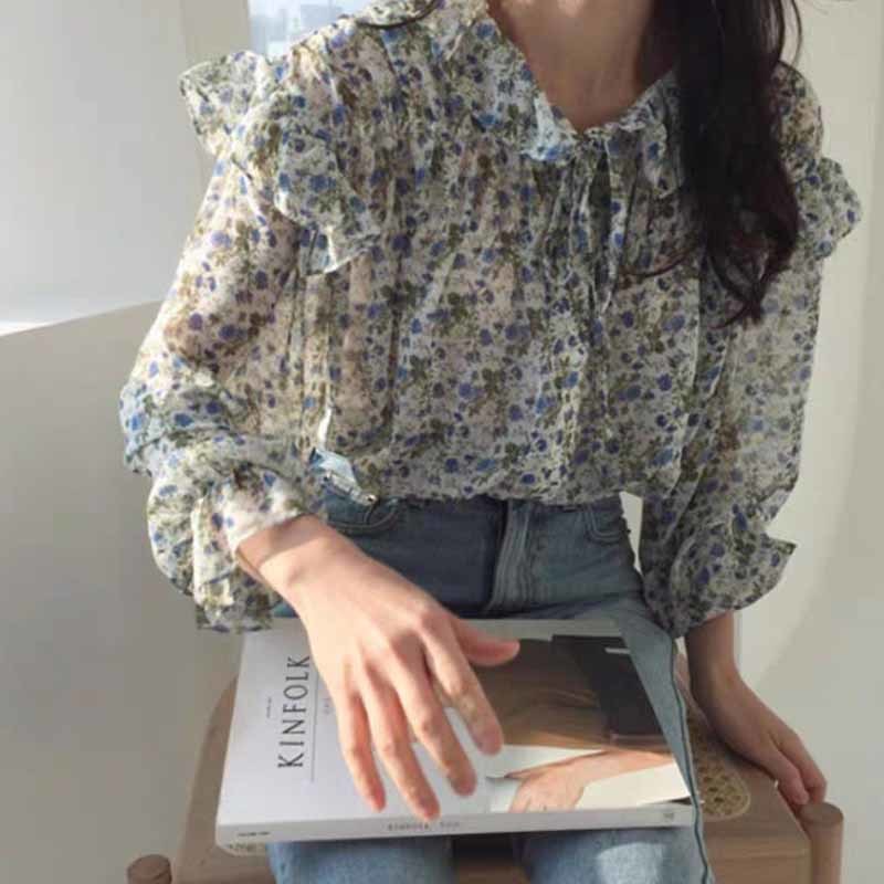 Autumn Printed Wild Chiffon Blouse Korean Clothes Vintage Ruffled Pink Shirts Long Sleeve Woman's Blouses Woman 10336 210518