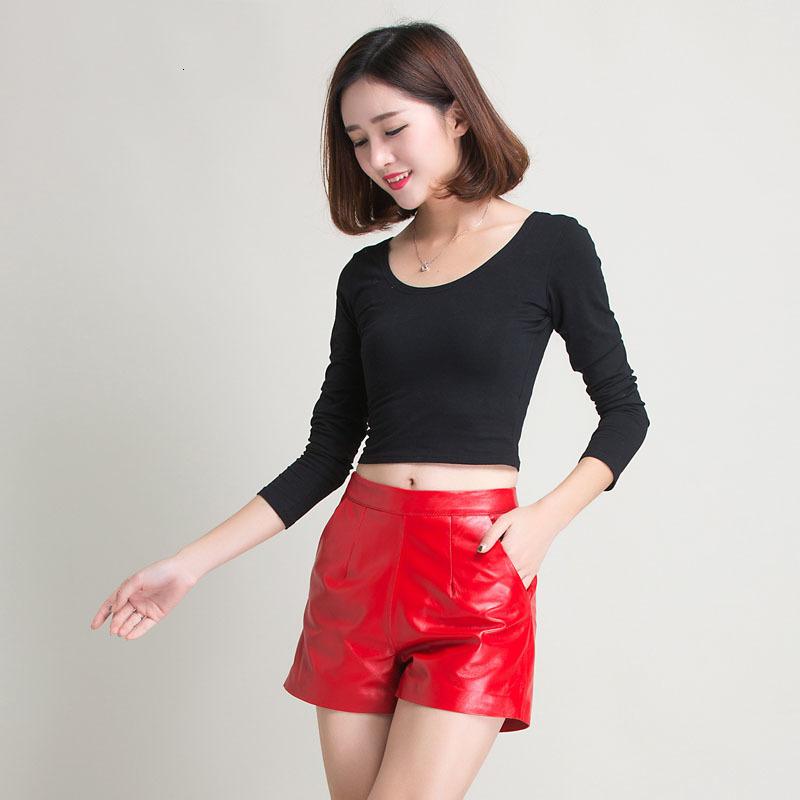 Luxury Women Genuine Leather Shorts 2021 High Waist Fitness Red Wide Leg Sheepskin Elastic Short Pants Femme Women's