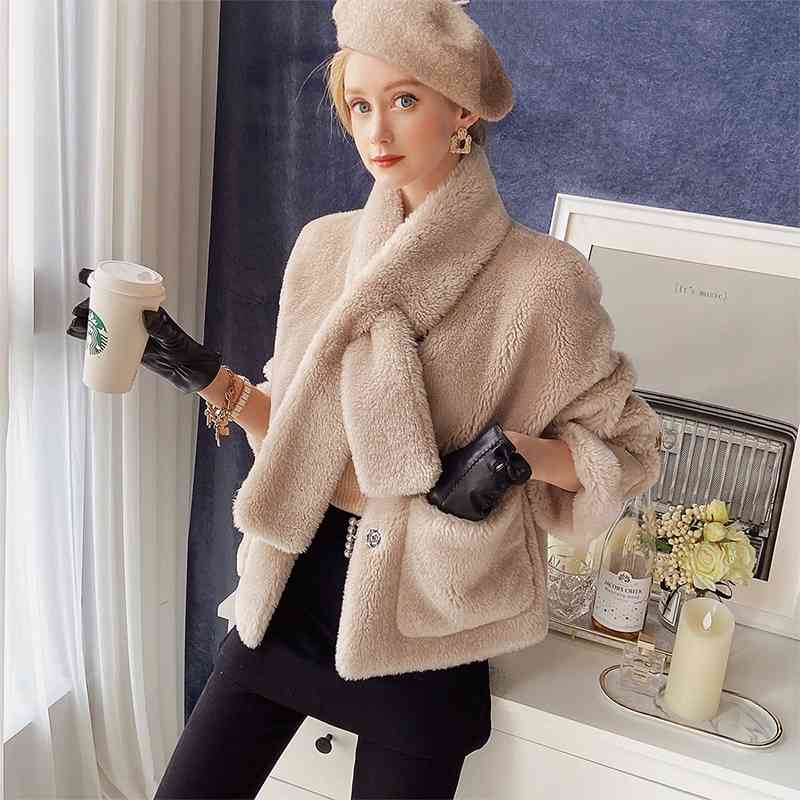 Dabuwawa Ladies Sheep Fur Coat Soft and Stylish Sweet Scarf Collar Thick Warm Solid Jacket Coat Women Autumn Winter DT1DFR032 210520