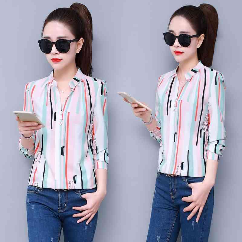 Chiffon Women Blouses Office Lady Striped s Tops and V-Neck Shirts Plus Size XXL Blusas Femininas Elegante 210531
