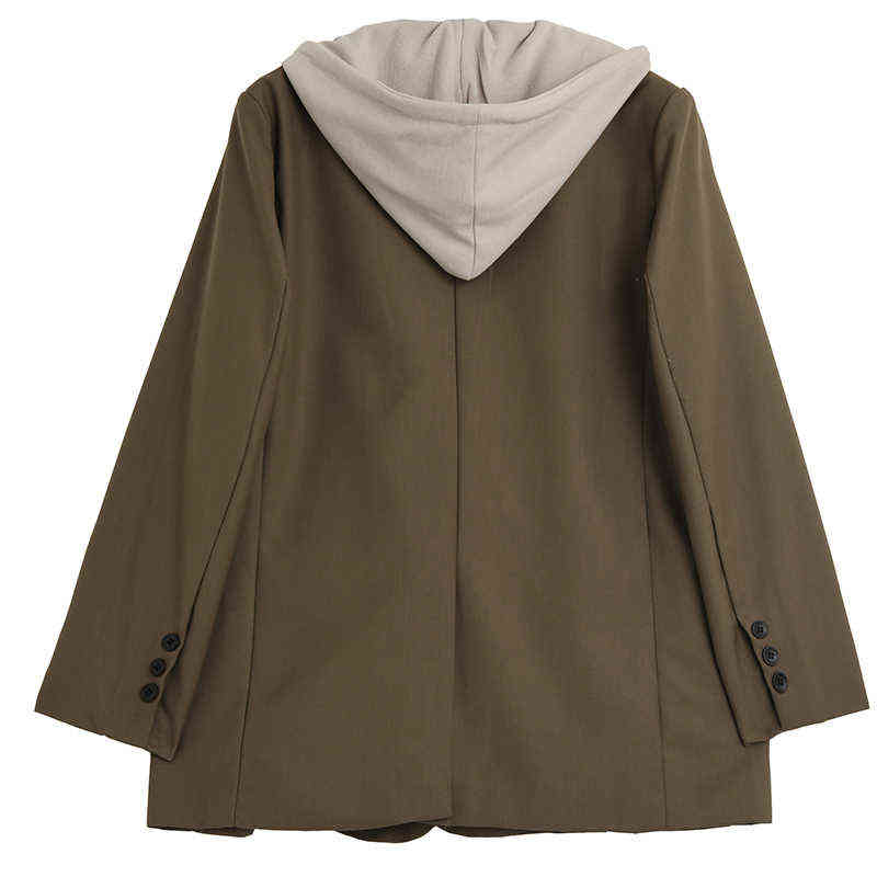 [EAM] Women Khaki Double Breasted Big Size Blazer Hooded Long Sleeve Loose Fit Jacket Fashion Spring Autumn 1DE3311 211122