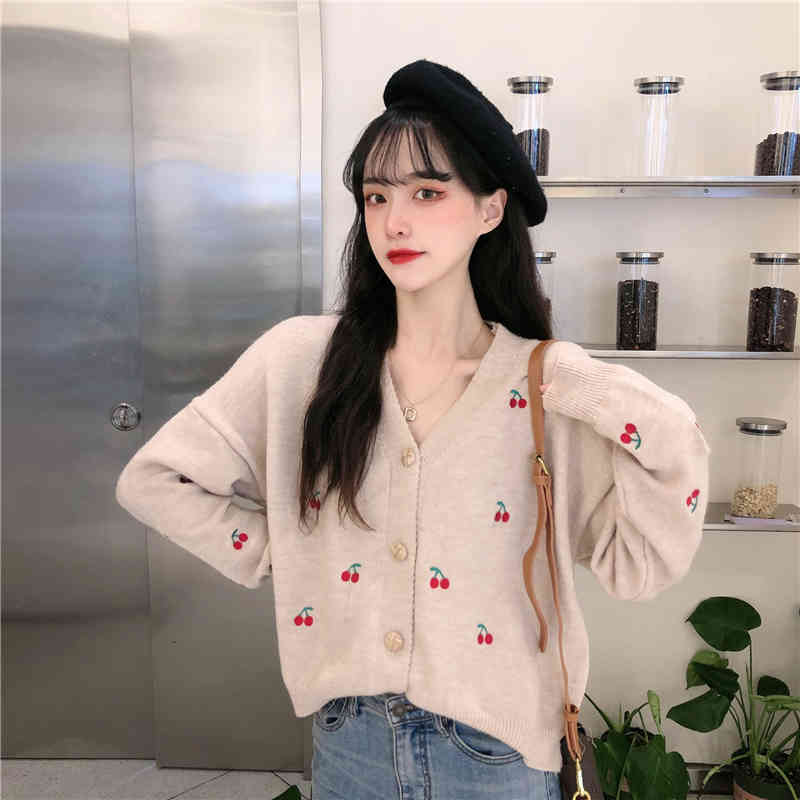Nomikuma Korean Cherry Sweet Knitted Cardigan Jacket Autumn Long Sleeve V-neck Knitwear Causal Women Sweater Coat 6C851 210427