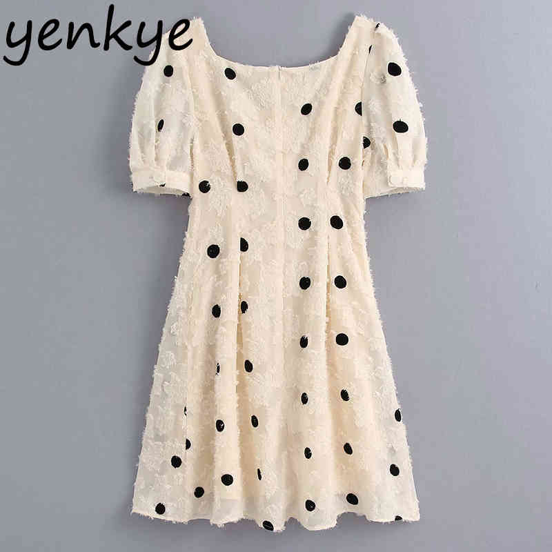 Vintage Polka Dot Women Dress Short Sleeve Square Neck High Waist Slim A-line Sundress Elegant Party Dresses Summer vestido 210515